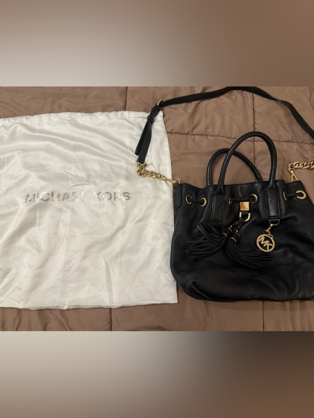 Michael Kors Black Pebbled Leather Tassel Shoulder Bag with Gold Hardware